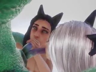 Lizardman inseminates two cat girls &vert; Big Double phallus Monster &vert; 3D adult clip Wild Life