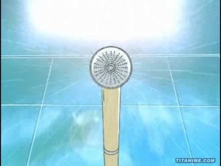 Perky little Anime cat schoolgirl with excellent titties plays with a vibrator in the shower and sucks Big phallus